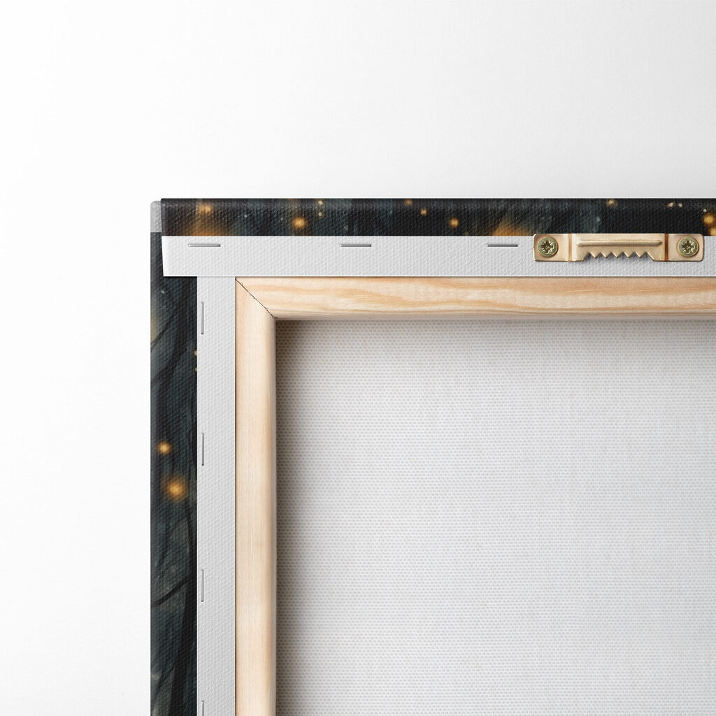 Path through a forest with many trees with lights