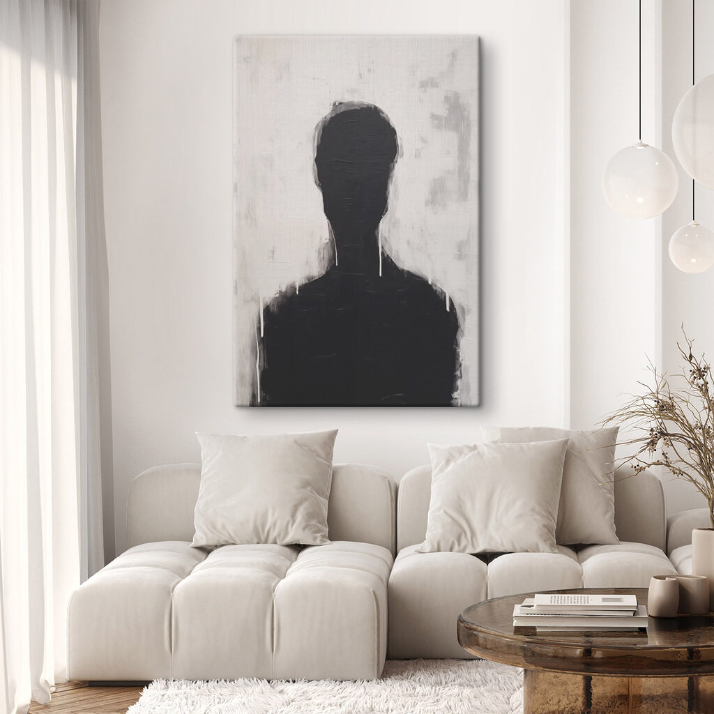 Black and white painting of a person's head