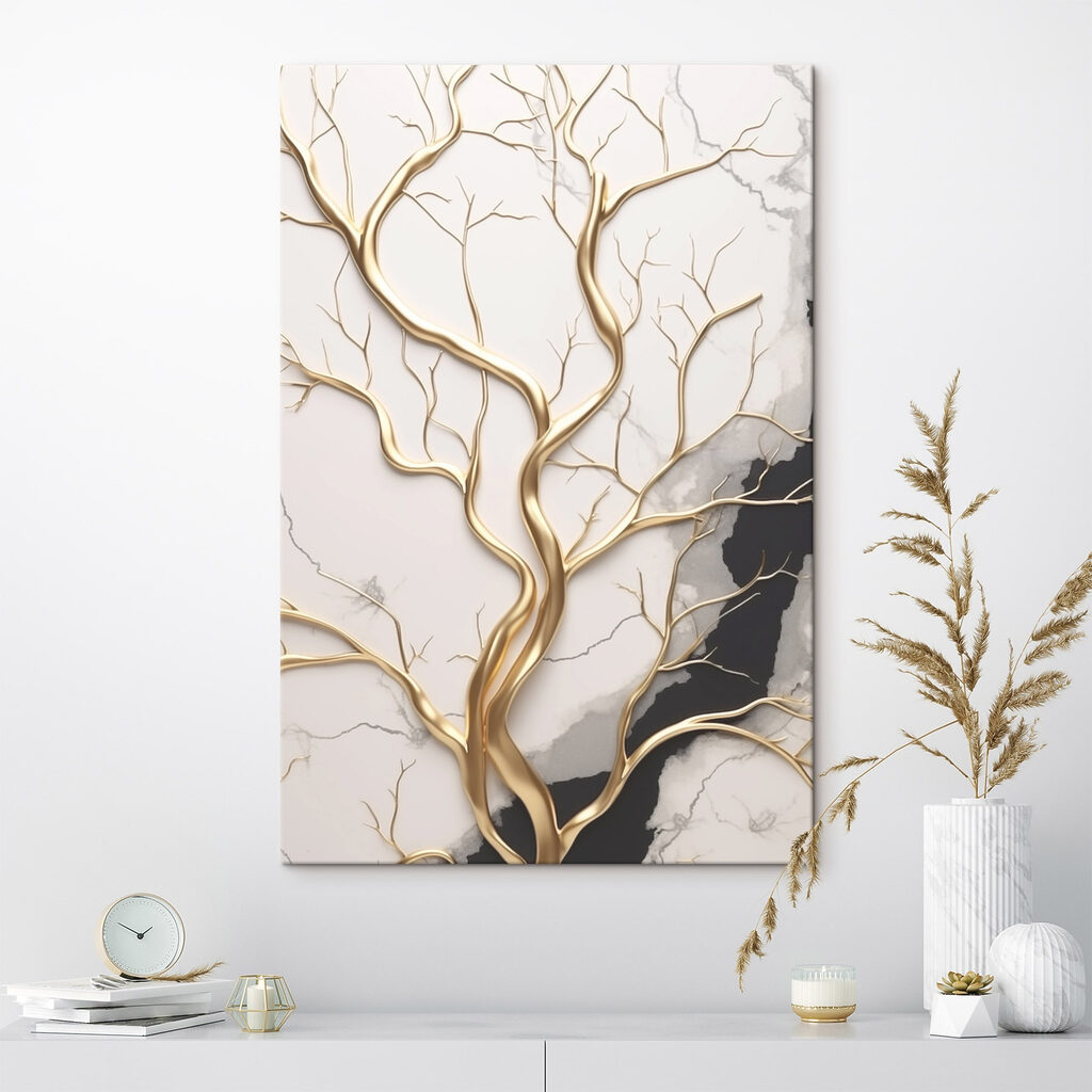 Elegant tree branches on marble backdrop