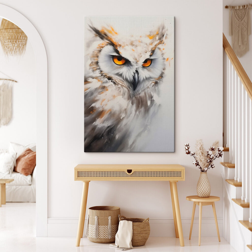 An owl with yellow eyes