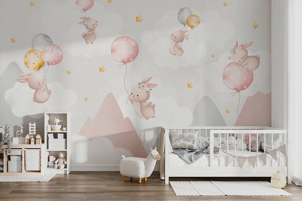 Group of bunnies holding balloons in the sky Group of bunnies holding balloons in the sky