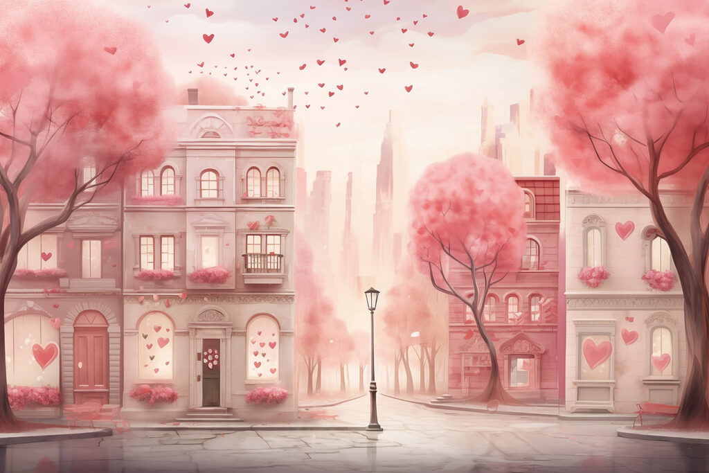 Pink trees with hearts falling from the sky