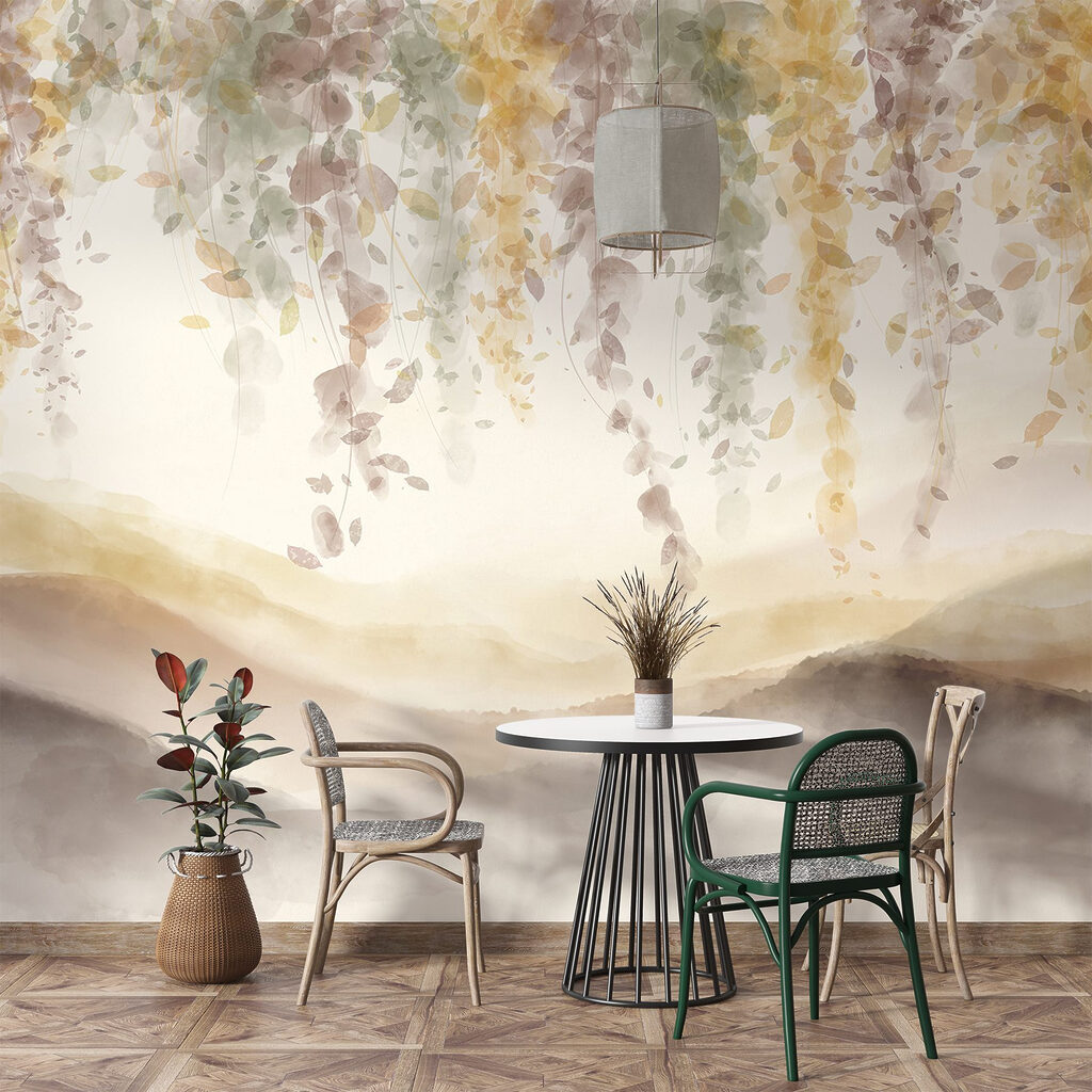 Painting of a landscape with leaves from the ceiling