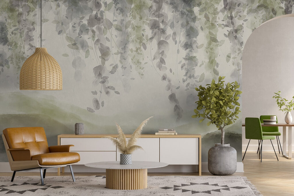 Painting of a landscape with leaves from the ceiling