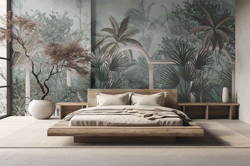 Wallpaper with palm trees and a balcony