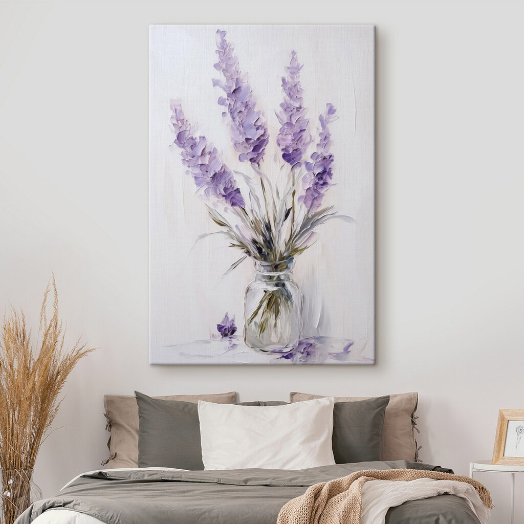 Painting of purple flowers in a glass vase
