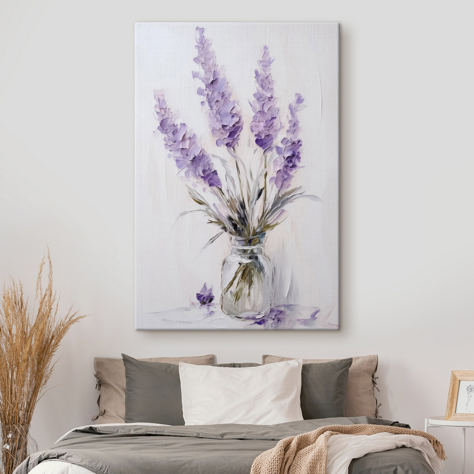 Painting of purple flowers in a glass vase