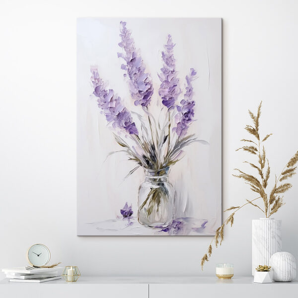 Painting of purple flowers in a glass vase