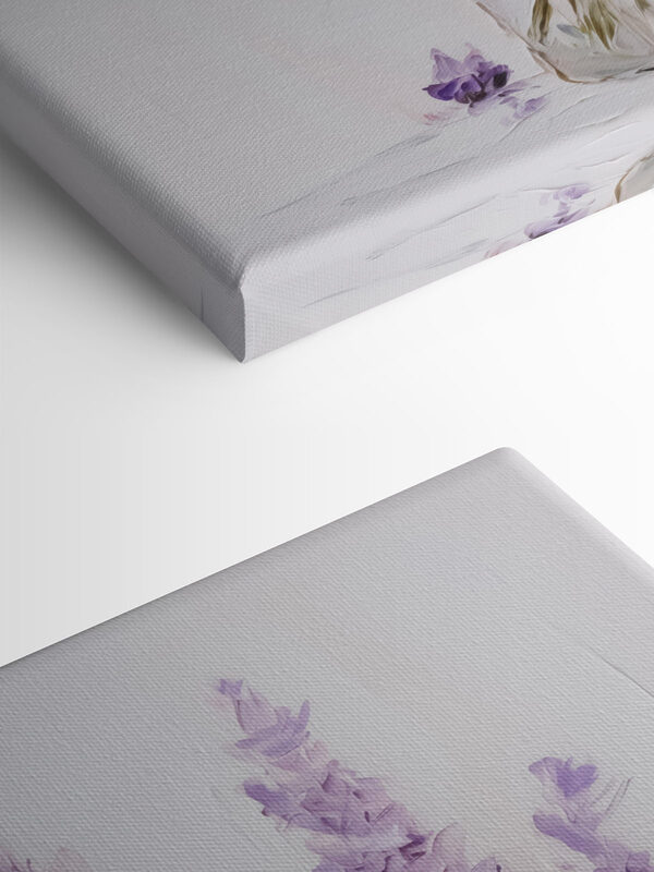 Painting of purple flowers in a glass vase