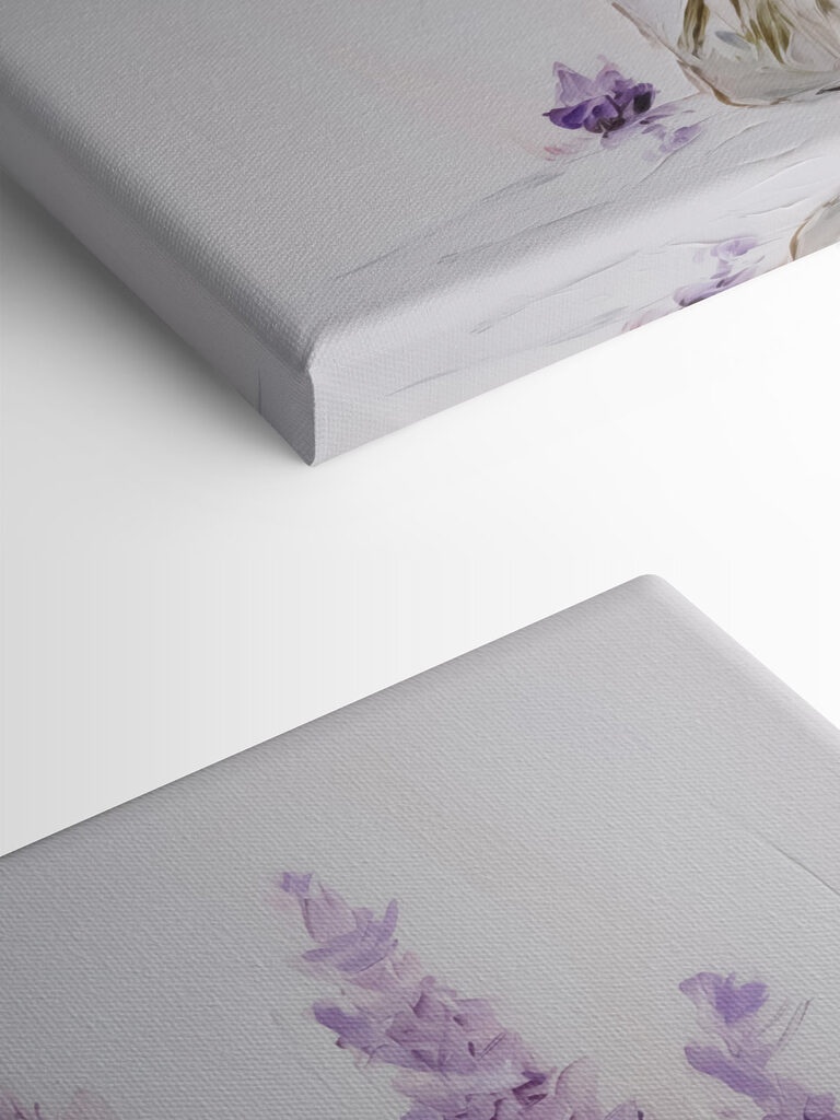 Painting of purple flowers in a glass vase