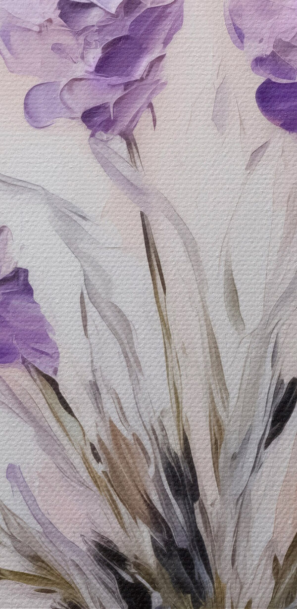 Painting of purple flowers in a glass vase
