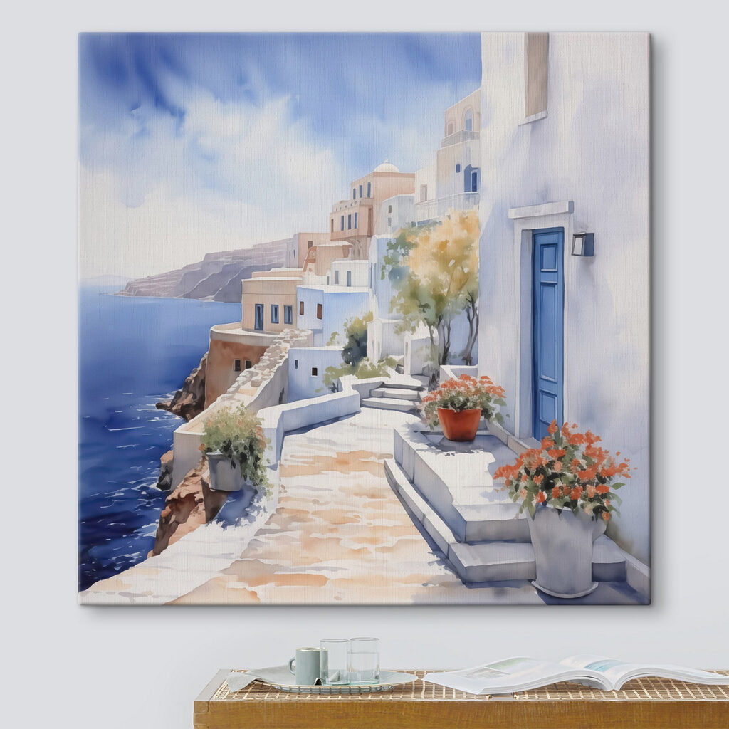 Watercolor painting of a white building with blue doors and flowers on a cliff