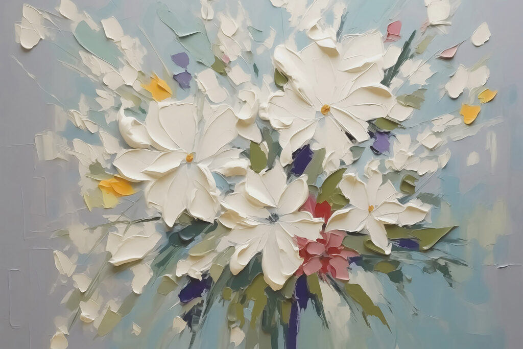 Painting of flowers on a blue surface