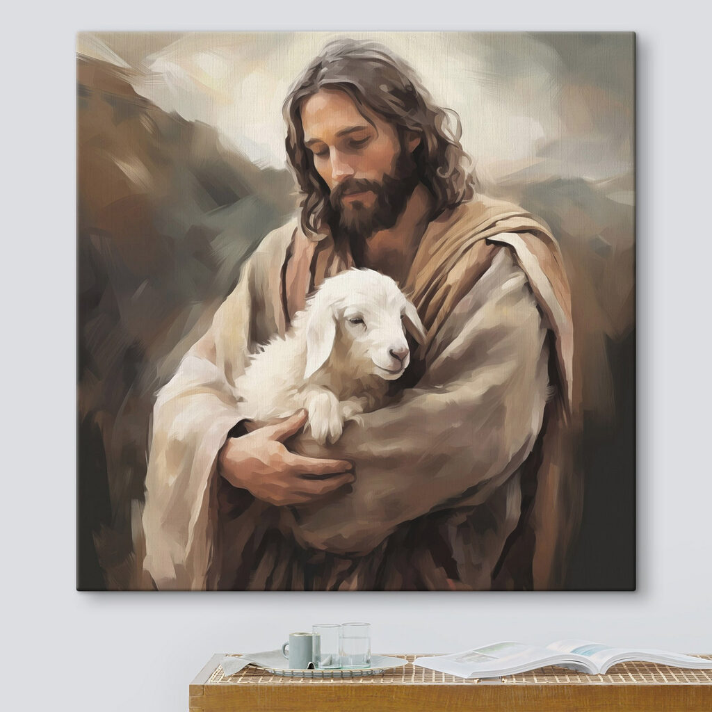 Painting of a man holding a lamb