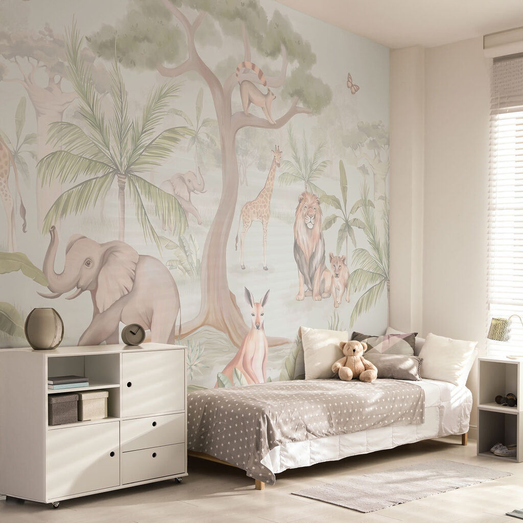 Wallpaper with animals and trees