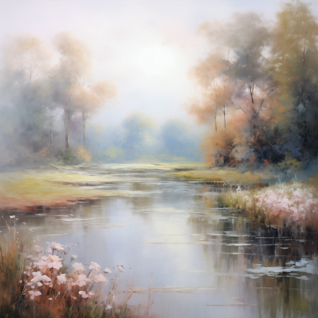 Painting of a river with trees and grass Painting of a river with trees and grass