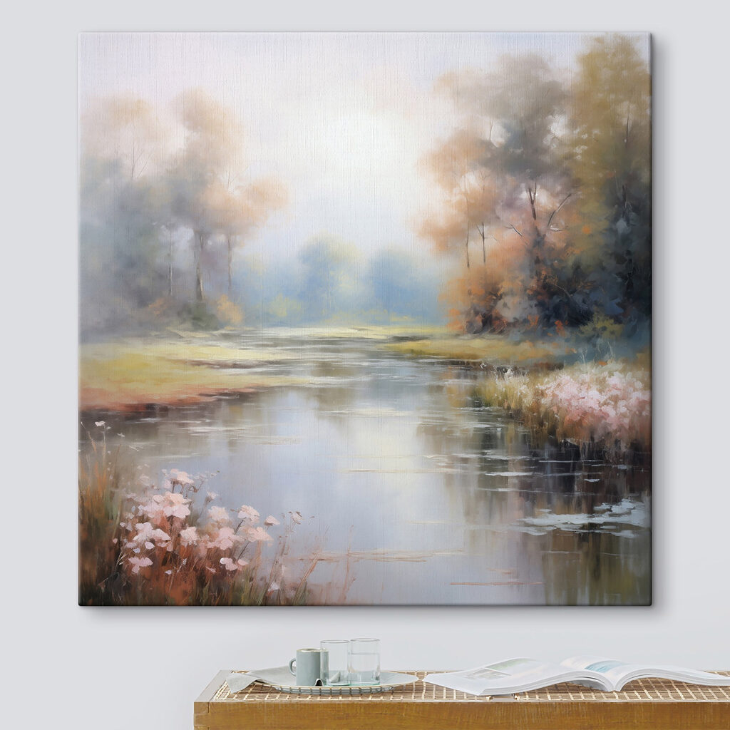 Painting of a river with trees and grass Painting of a river with trees and grass