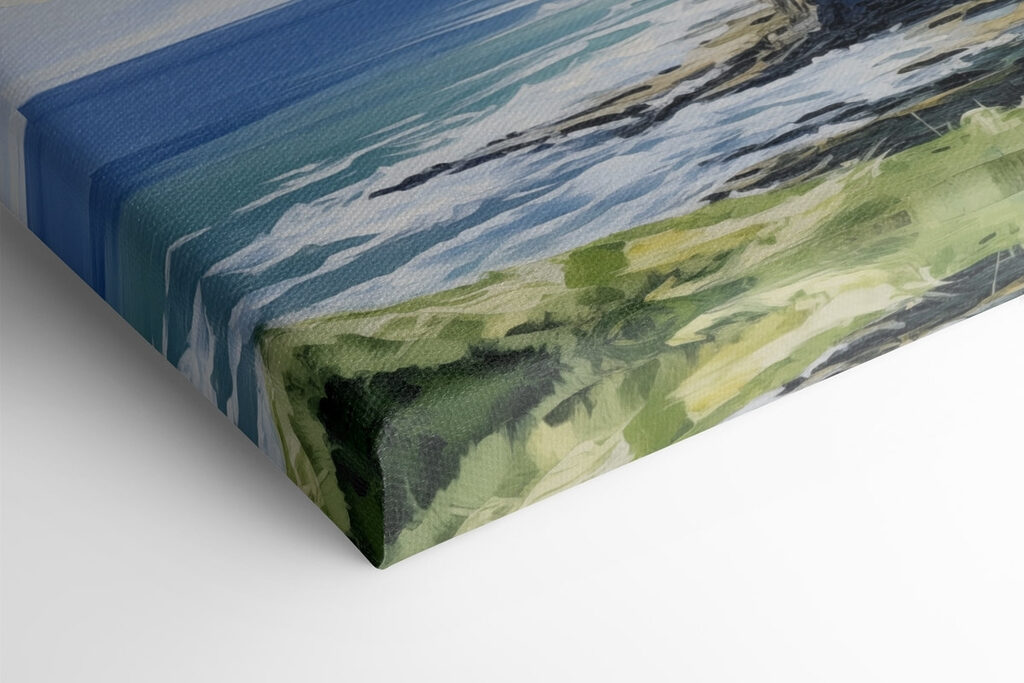 Painting of a landscape with a cliff and water