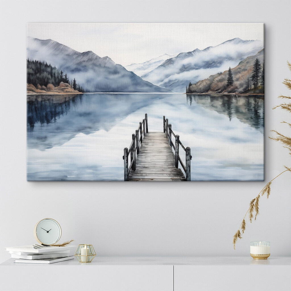 Watercolor of a dock on a lake with mountains in the background