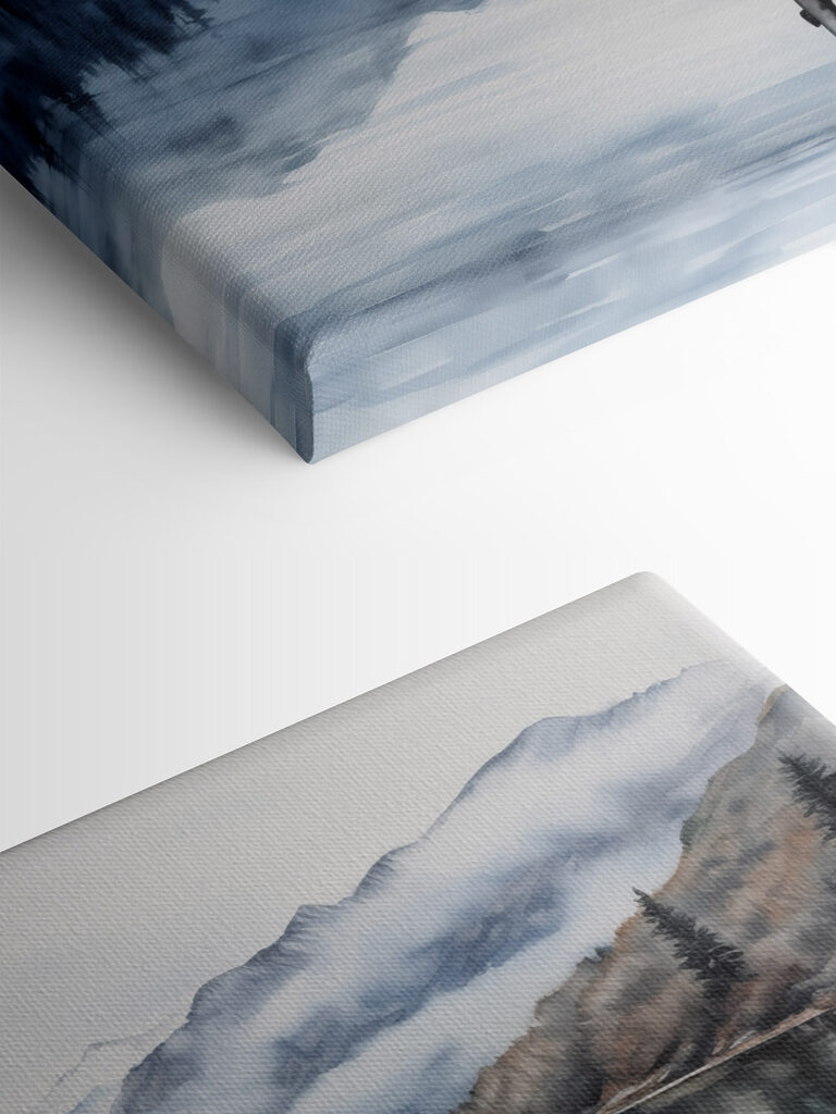 Watercolor of a dock on a lake with mountains in the background