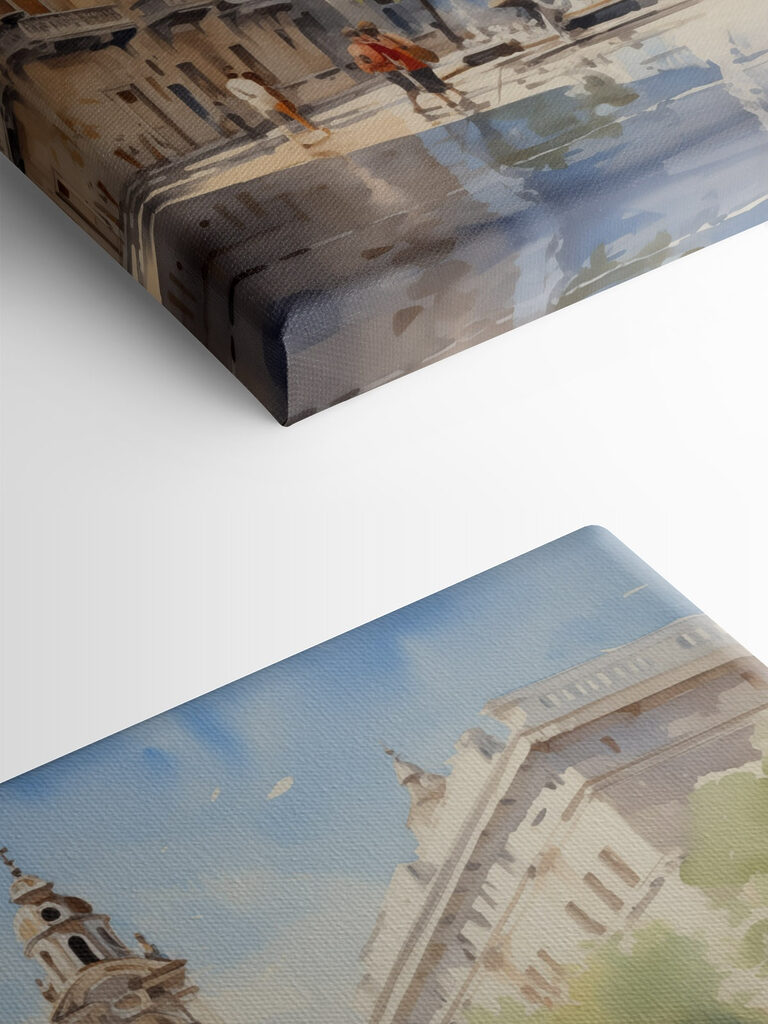 Watercolor of a building with a fountain in front of it