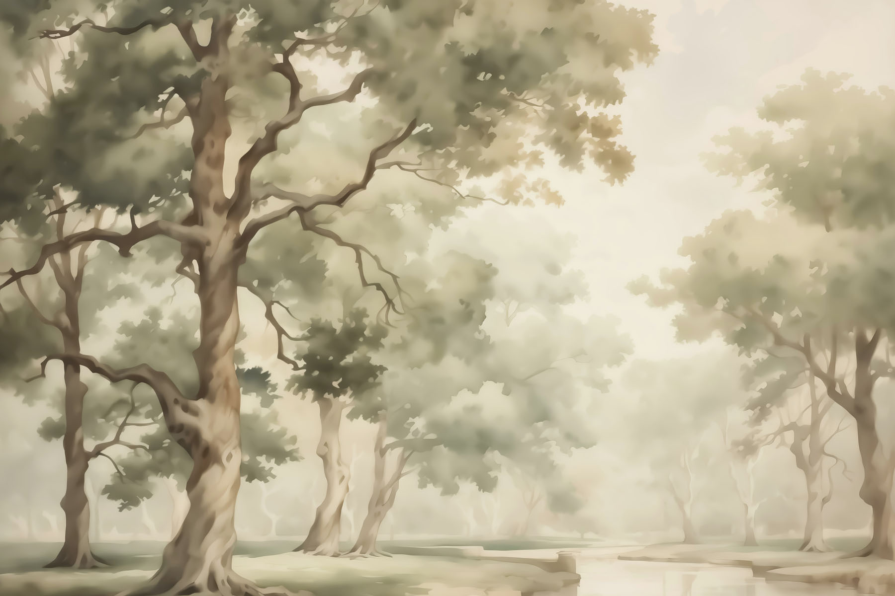Watercolor painting of trees and a river Watercolor painting of trees and a river