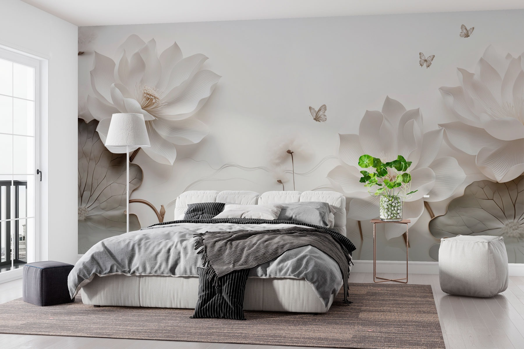 White paper flowers and butterflies on a white surface White paper flowers and butterflies on a white surface