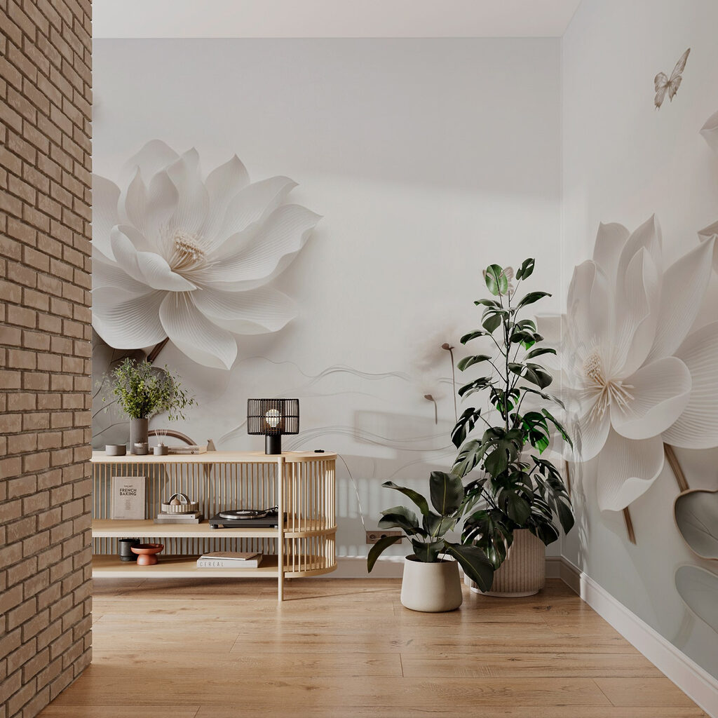 White paper flowers and butterflies on a white surface White paper flowers and butterflies on a white surface