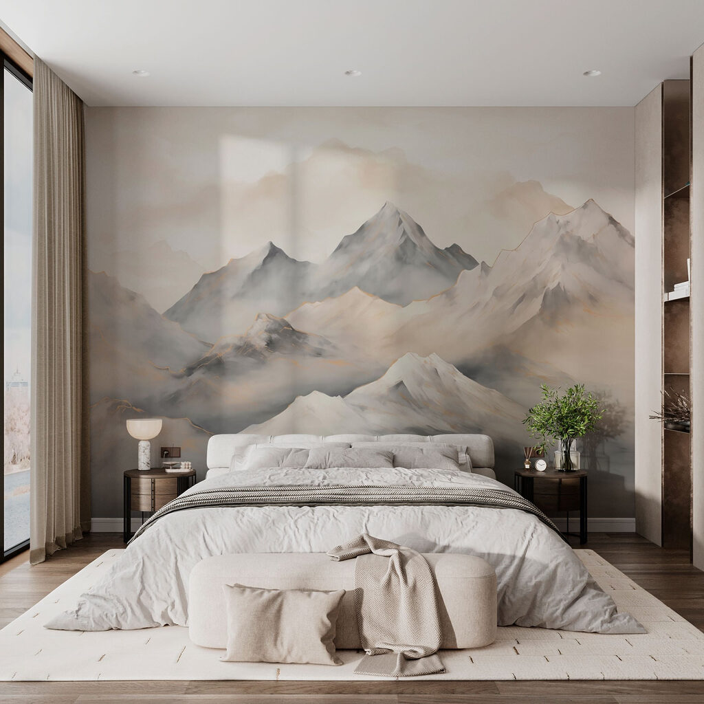 Painting of mountains with clouds