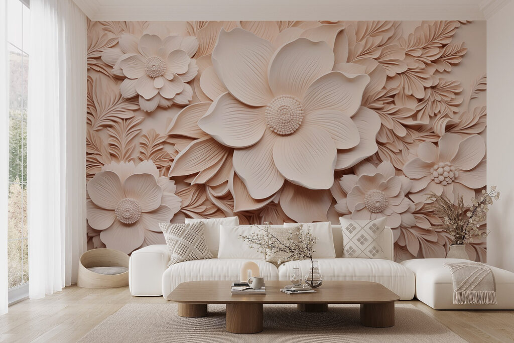 White flowers and leaves on a wall