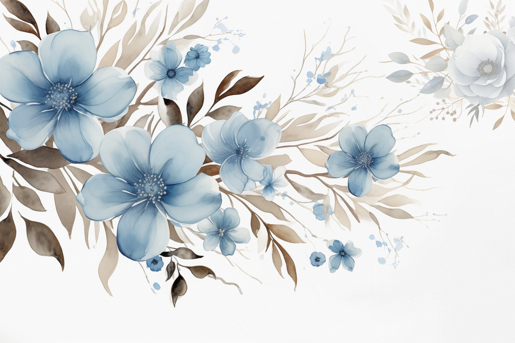 Painting of blue flowers and brown leaves