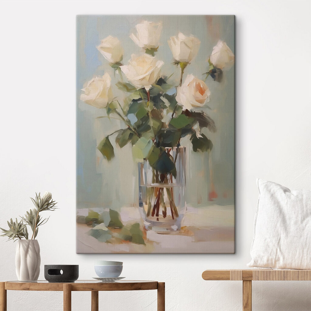 Painting of a vase of white roses