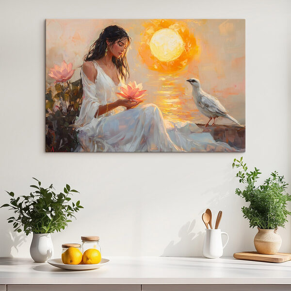 Painting of a woman holding a flower and a bird