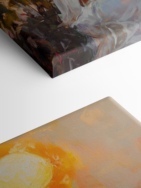 Painting of a woman holding a flower and a bird