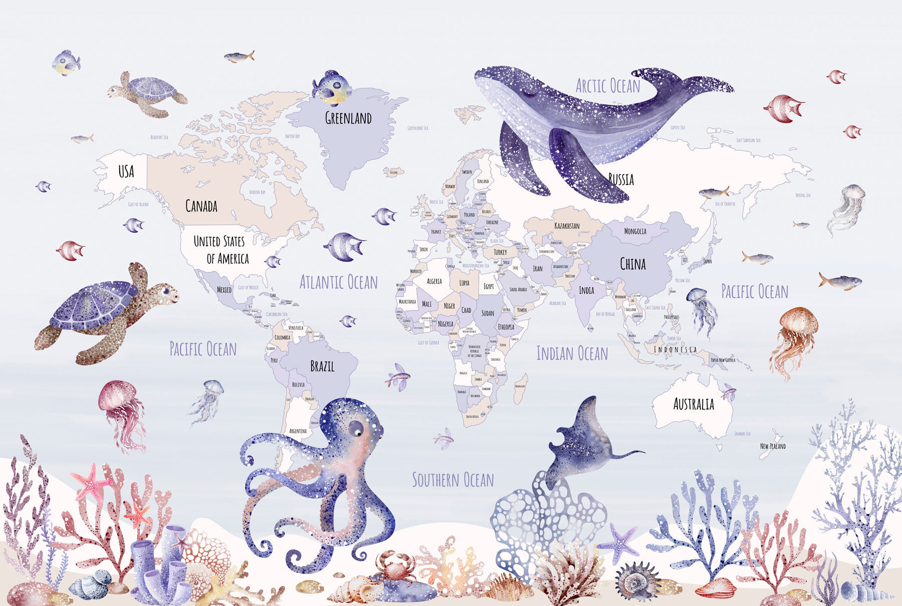 Map of the world with sea animals