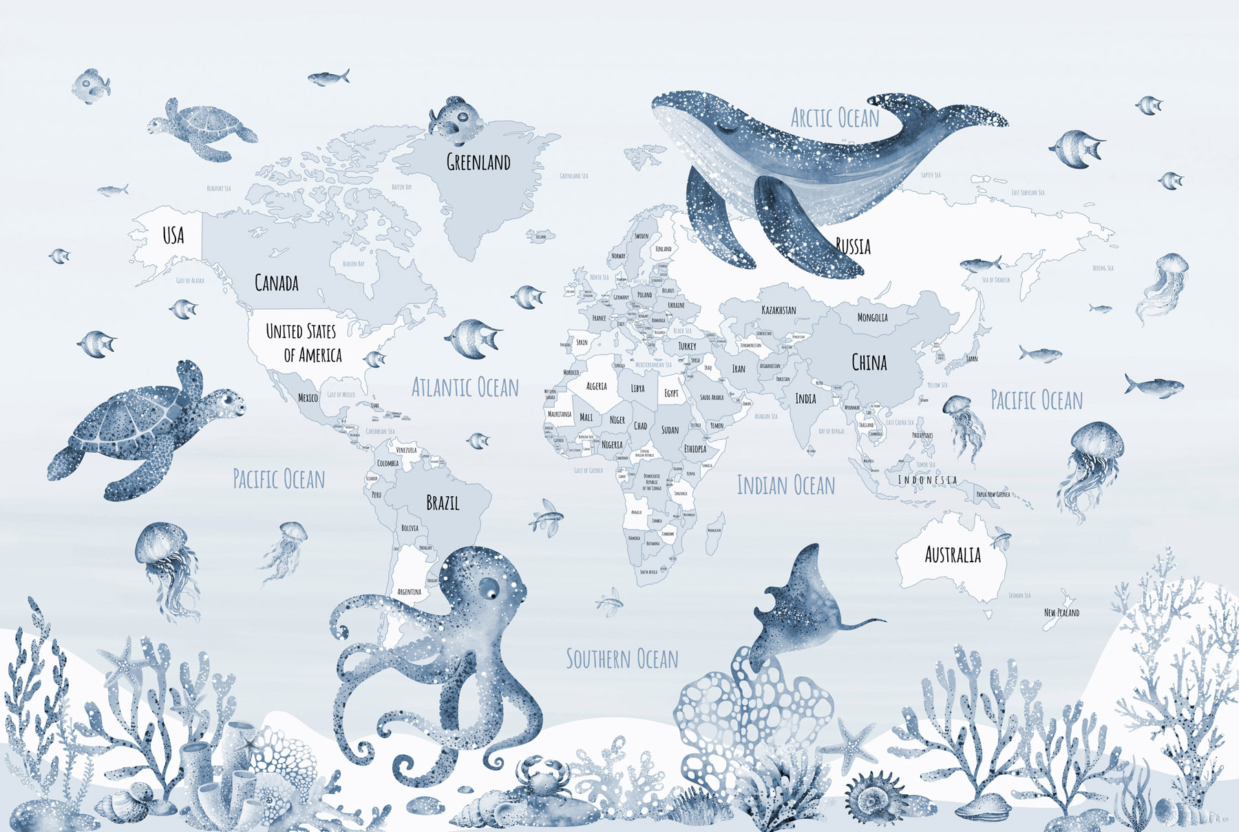 Map of the world with sea animals