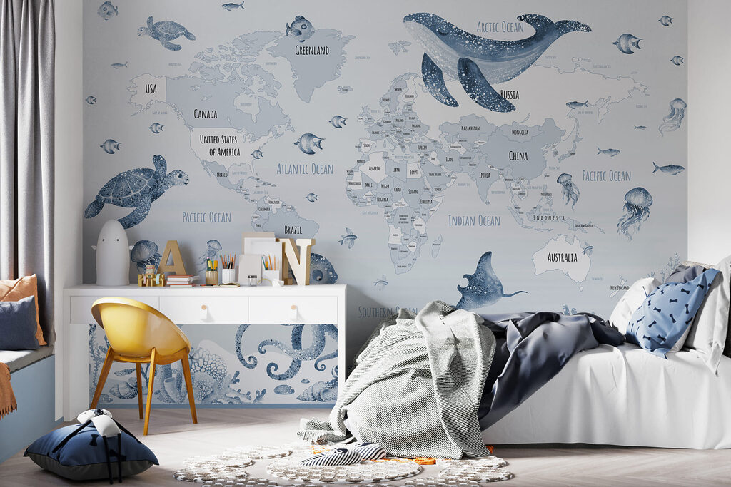 Map of the world with sea animals
