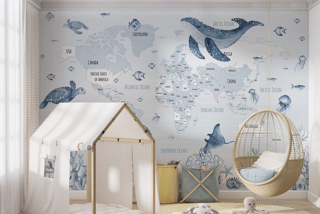 Map of the world with sea animals