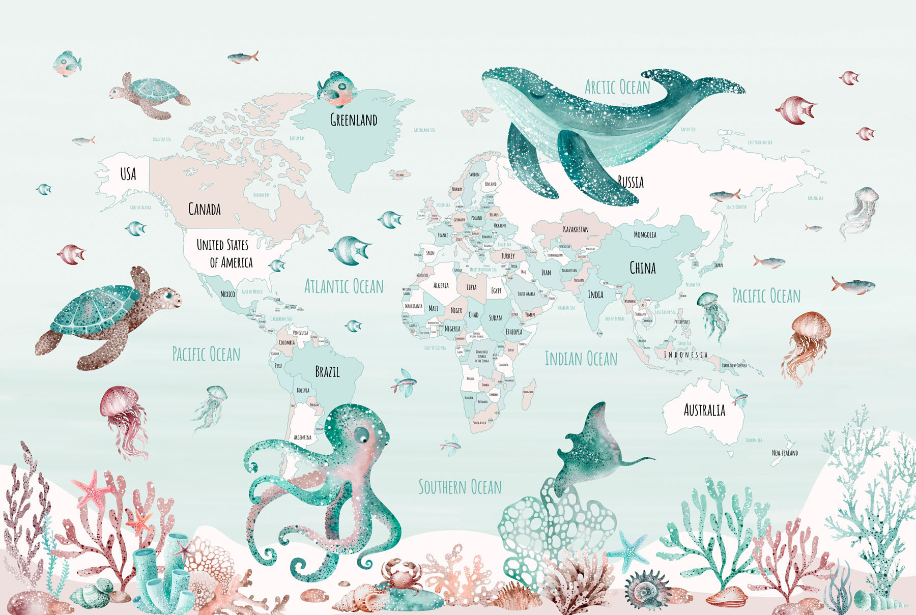 Map of the world with sea animals Map of the world with sea animals
