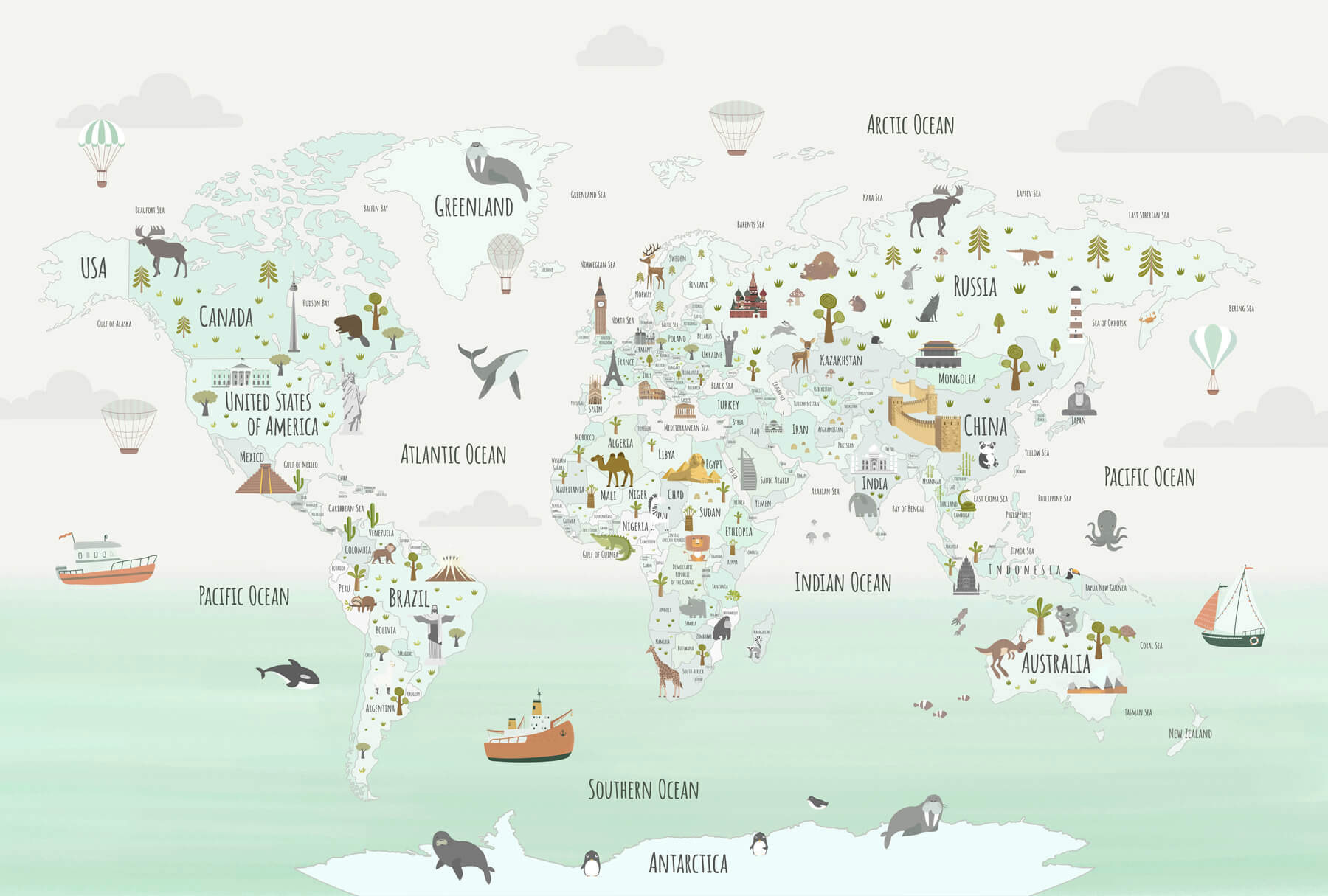 Map of the world with animals