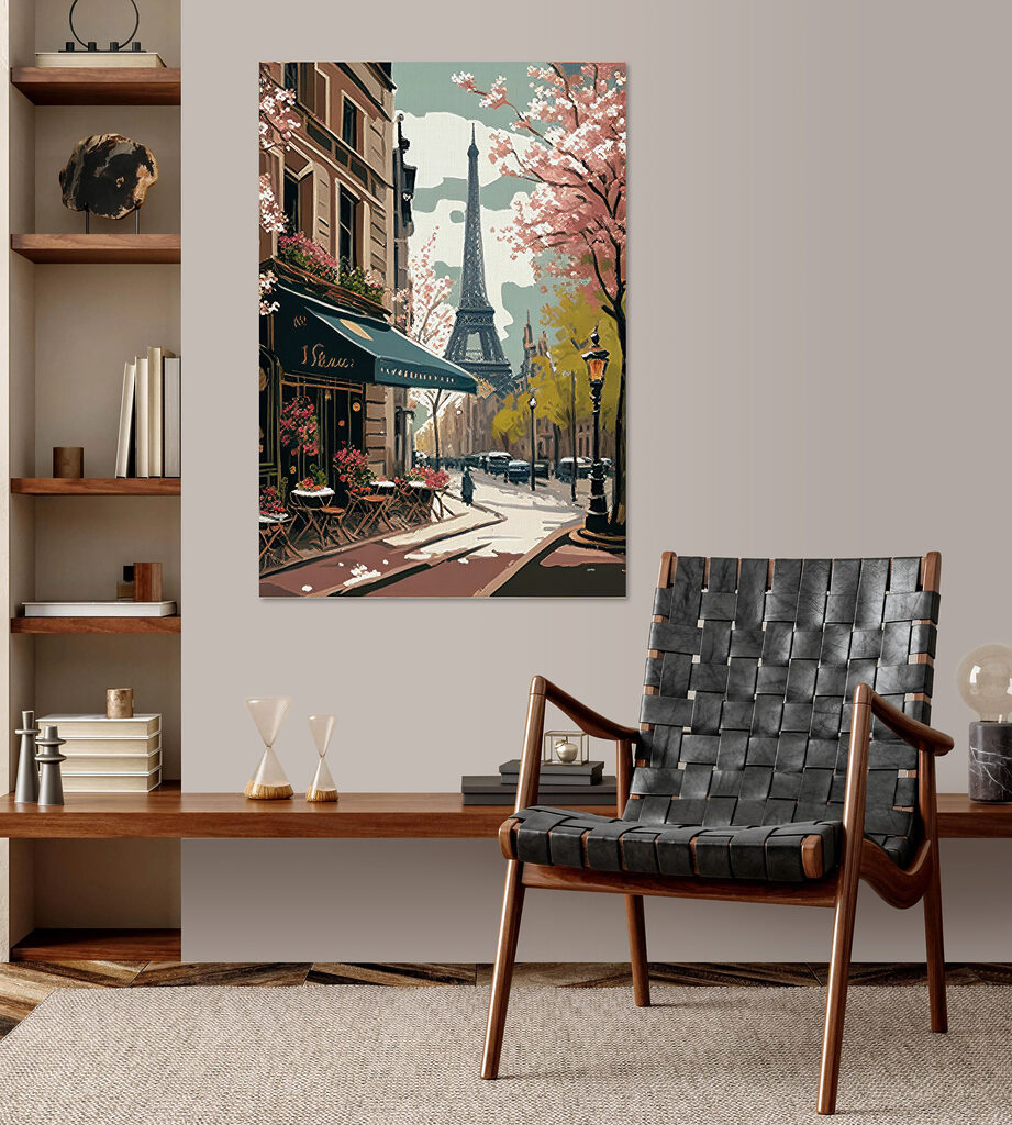Painting of a street with a tower in the background