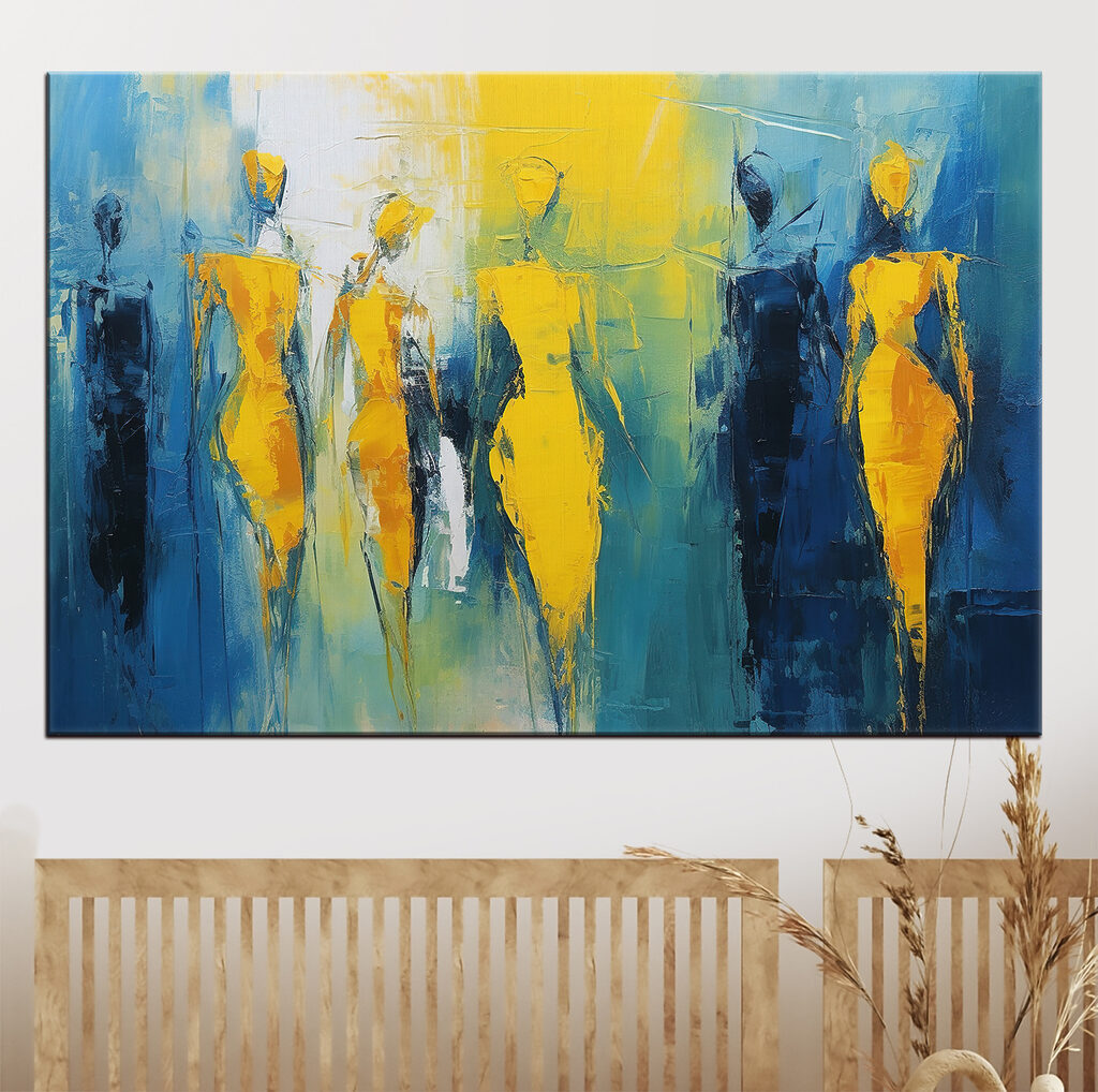 Painting of people in yellow and blue