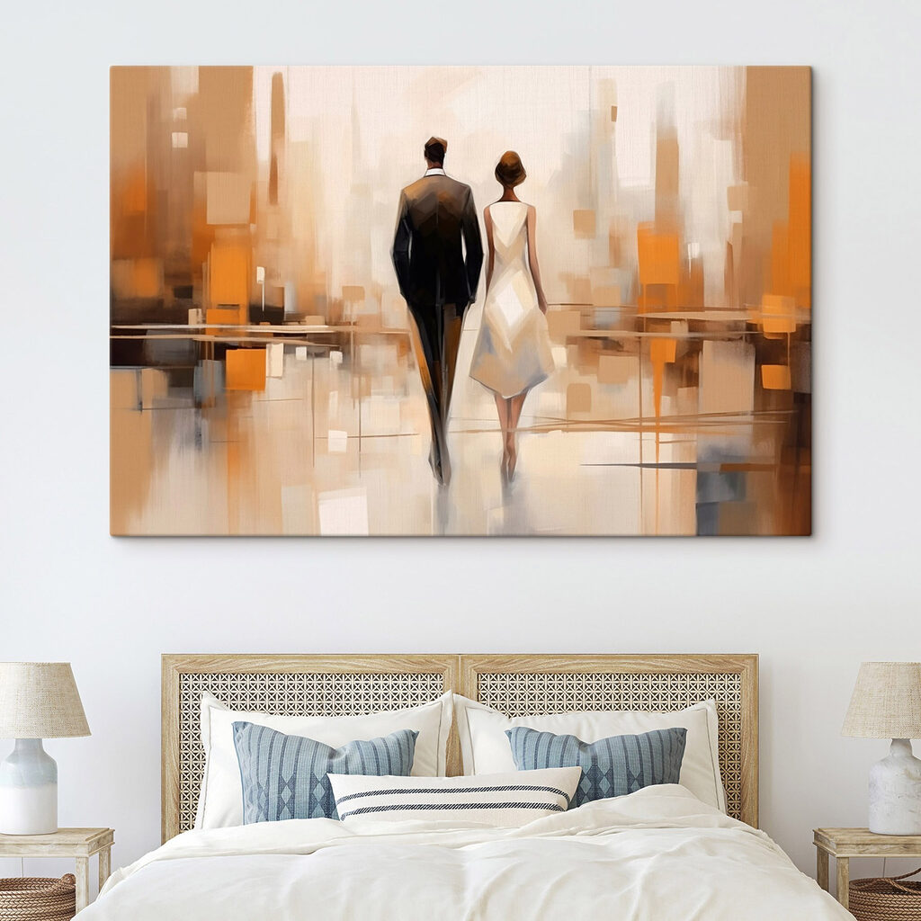 Man and woman walking down a street