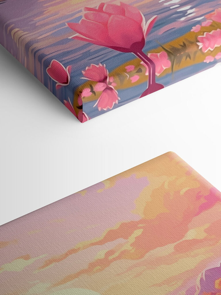 Pink flowers next to a lake