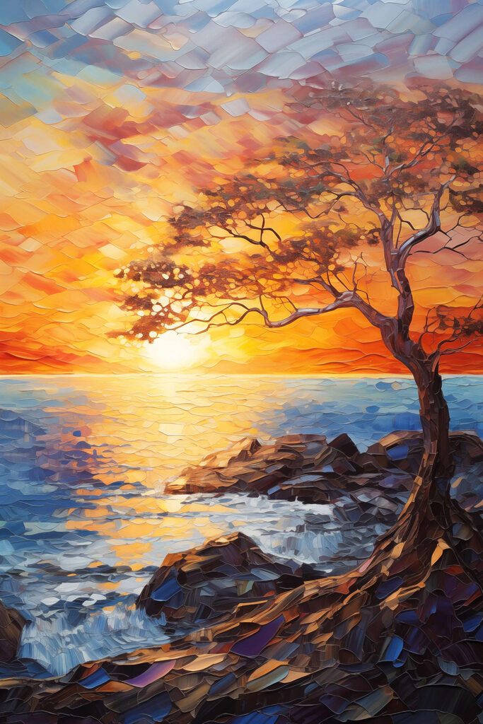 Tree on a rocky shore with a sunset behind it