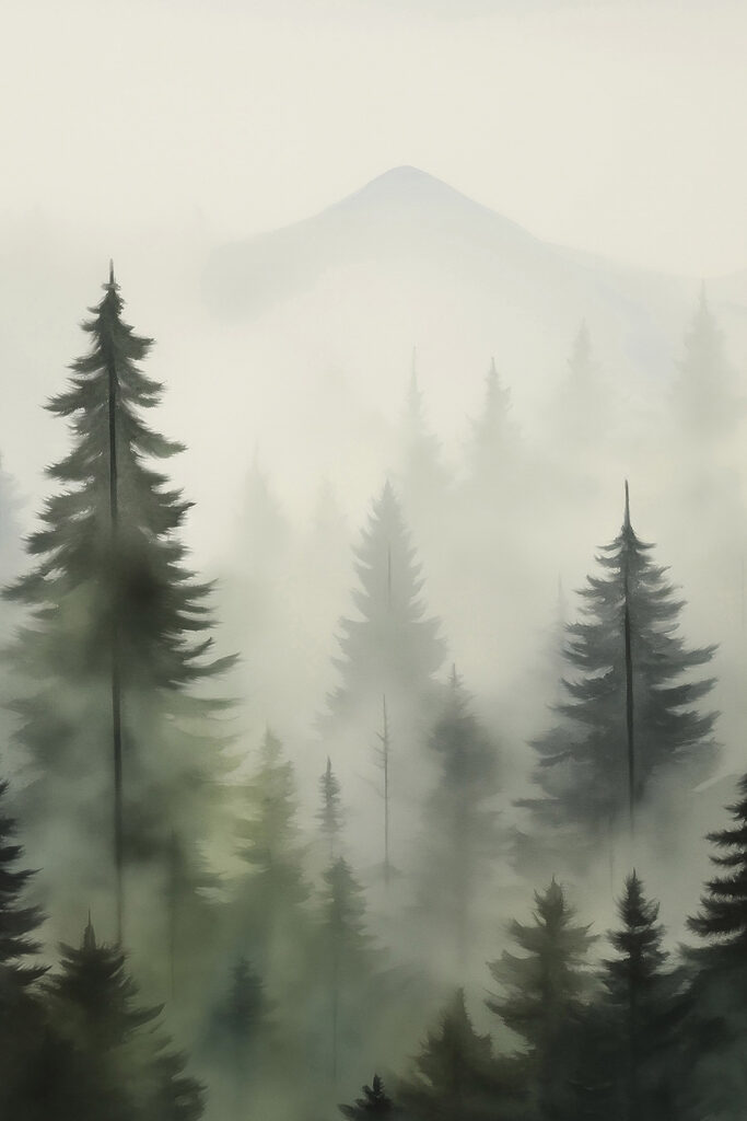Foggy forest with trees and a mountain in the background