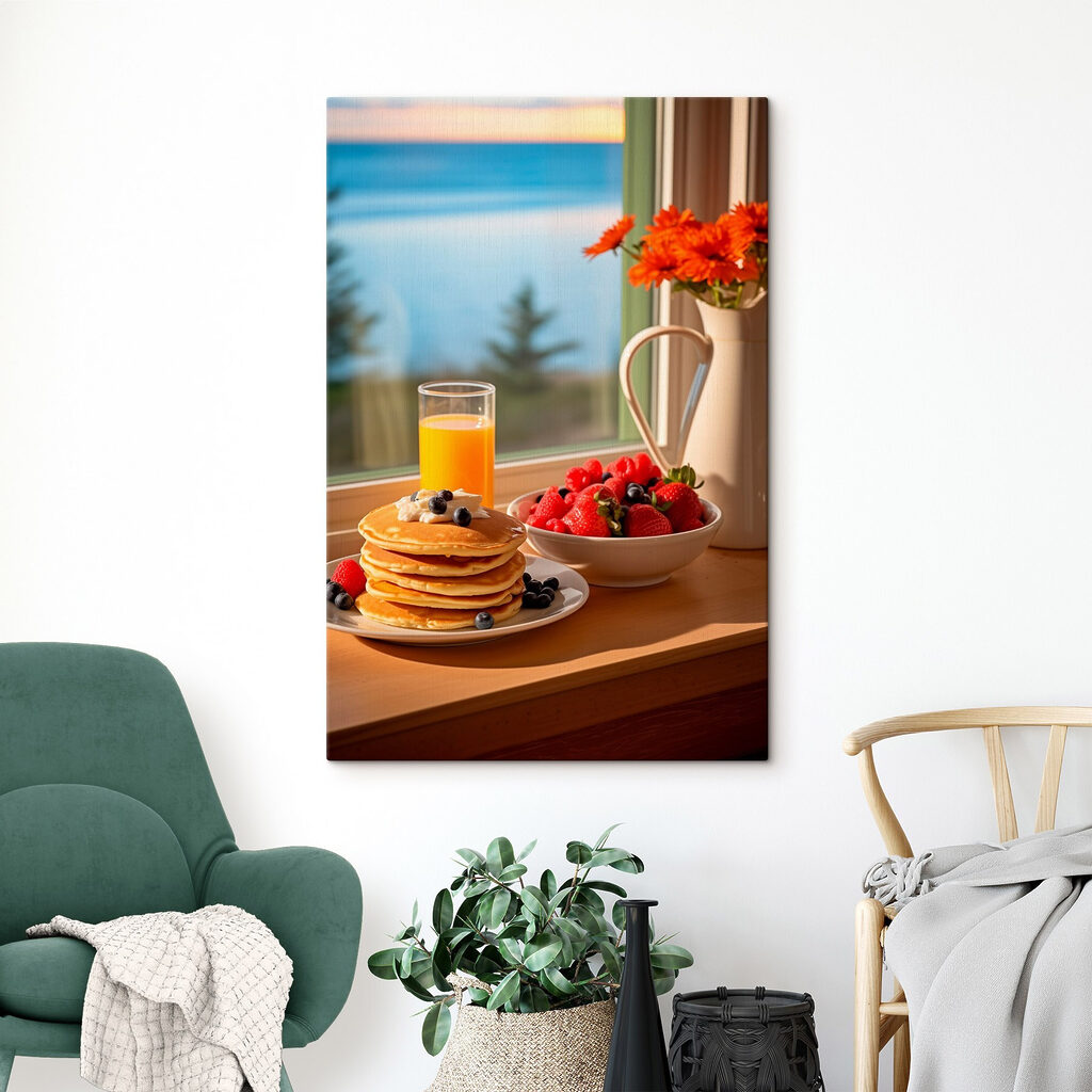 Stack of pancakes with berries and a glass of juice on a table