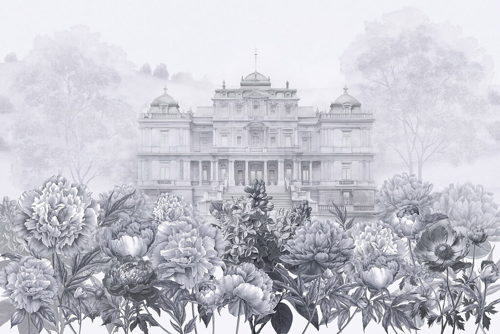 Large white building with flowers Large white building with flowers