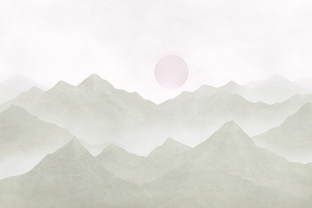 Mountain range with a sun in the distance Mountain range with a sun in the distance