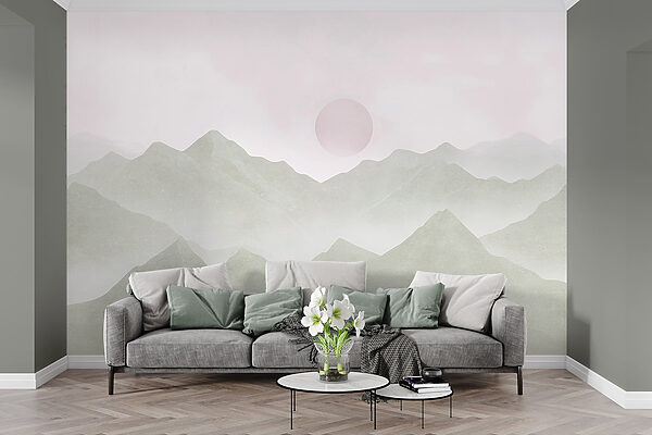 Mountain range with a sun in the distance Mountain range with a sun in the distance